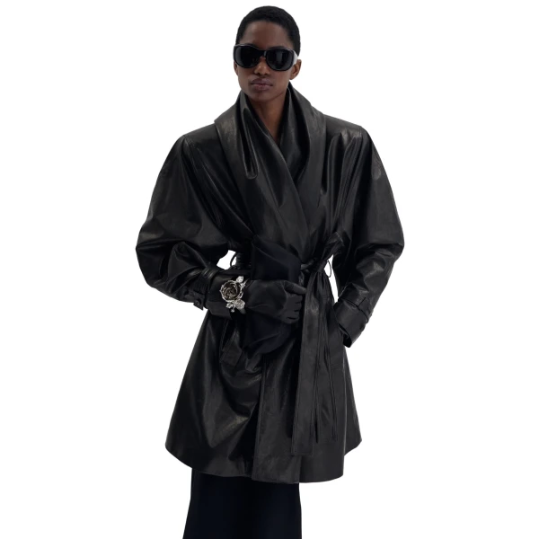 Belted leather jacket with draped collar in black - Image 3