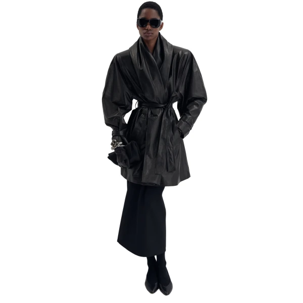 Belted leather jacket with draped collar in black - Image 4
