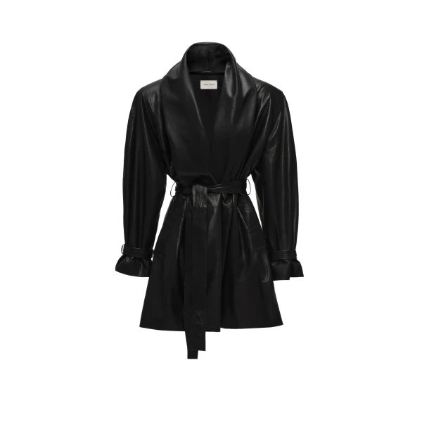 Magda Butrym Belted leather jacket with draped collar in black