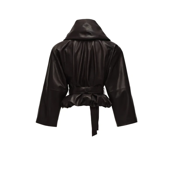 Belted peplum leather jacket in dark brown - Image 2