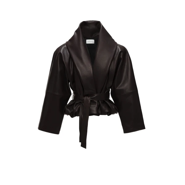 Belted peplum leather jacket in dark brown