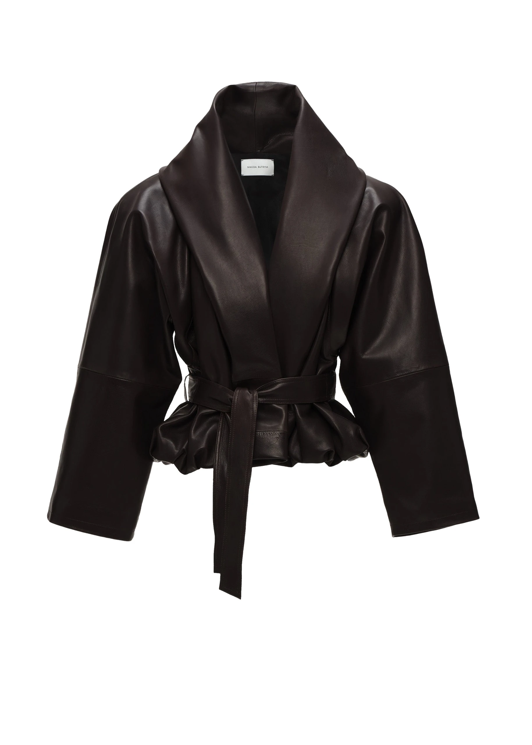 Magda Butrym Belted peplum leather jacket in dark brown | Coveti Magda Butrym Belted peplum leather jacket in dark brown