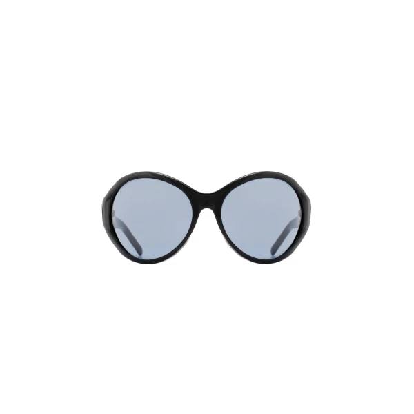 Big round sunglasses in black with blue lenses