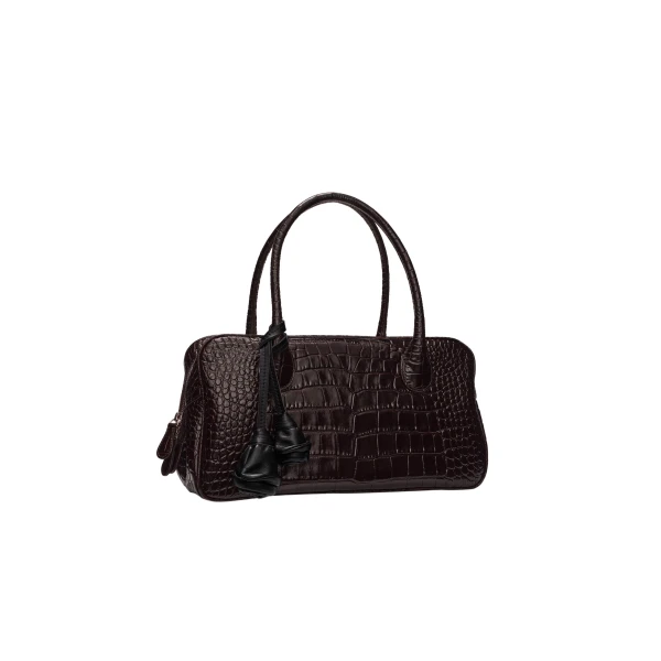 Brigitte in dark brown croco-embossed leather with flower charm - Image 2