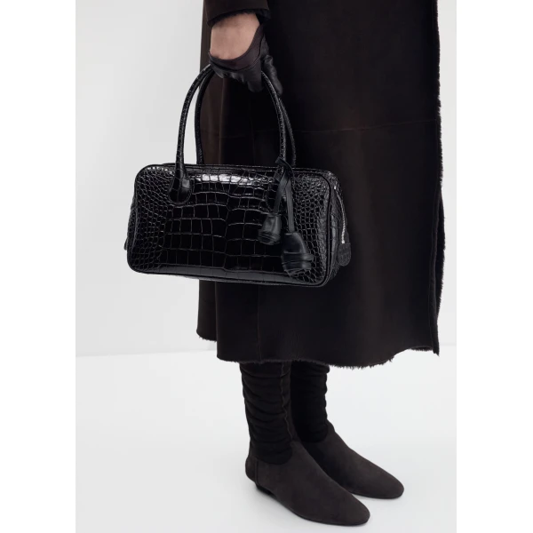 Brigitte in dark brown croco-embossed leather with flower charm - Image 5