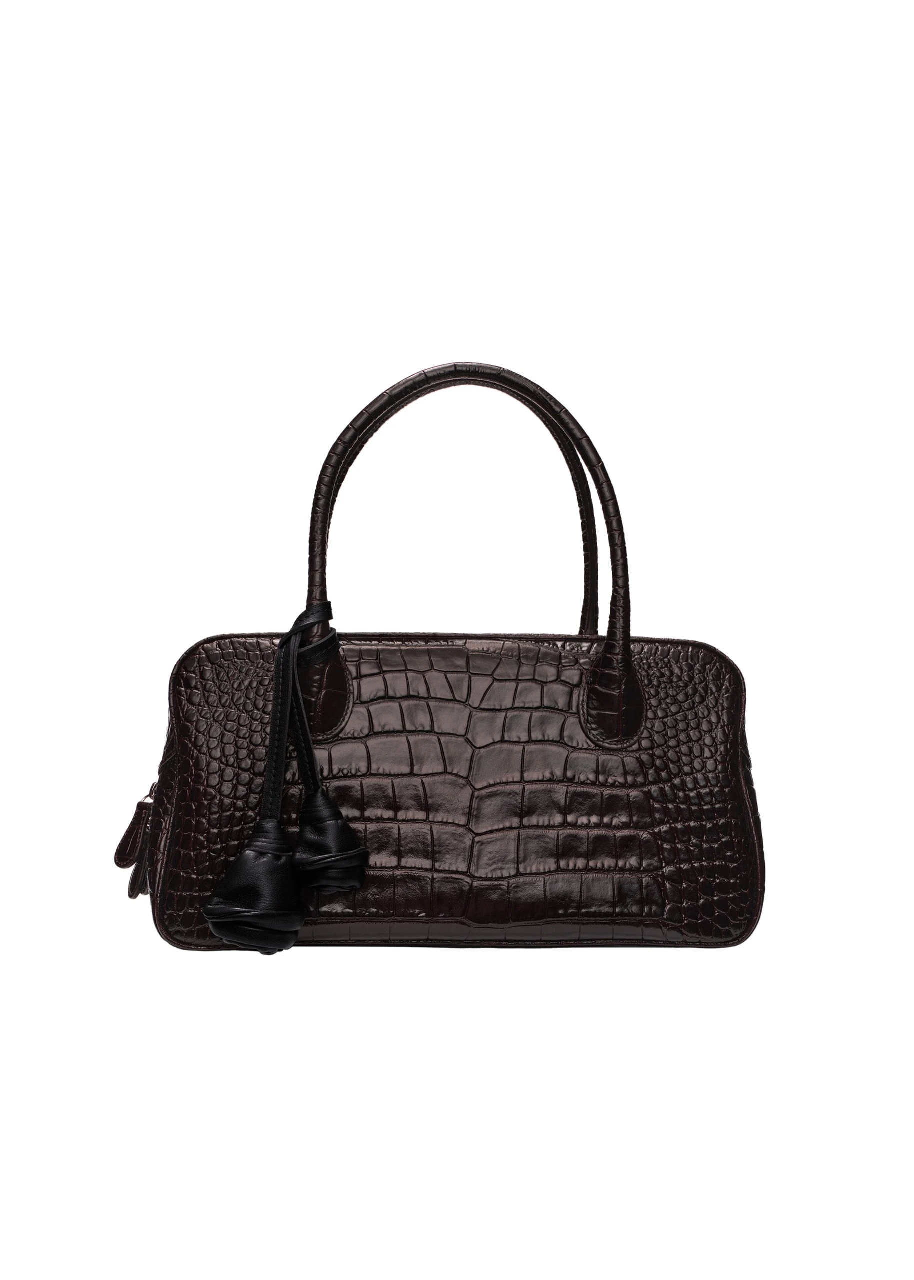 Magda Butrym Brigitte in dark brown croco-embossed leather with flower charm | Coveti Magda Butrym Brigitte in dark brown croco-embossed leather with flower charm