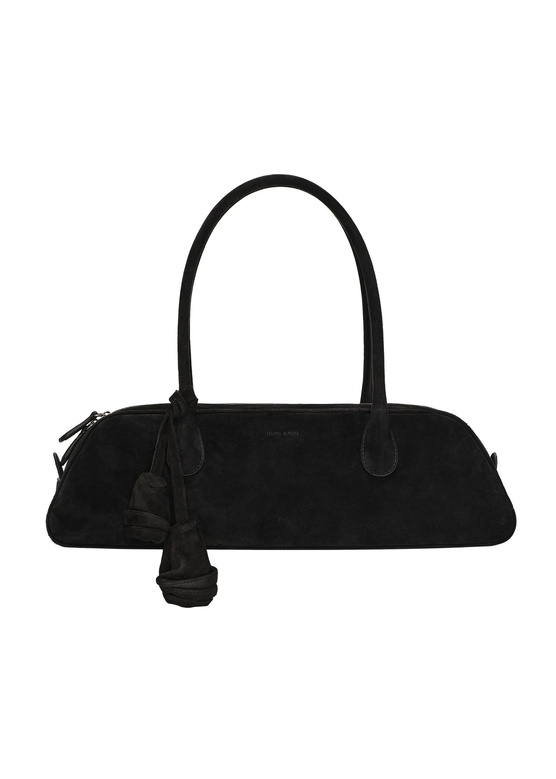 Magda Butrym Brigitte trapeze in black suede with flower charm | Coveti Magda Butrym Brigitte trapeze in black suede with flower charm