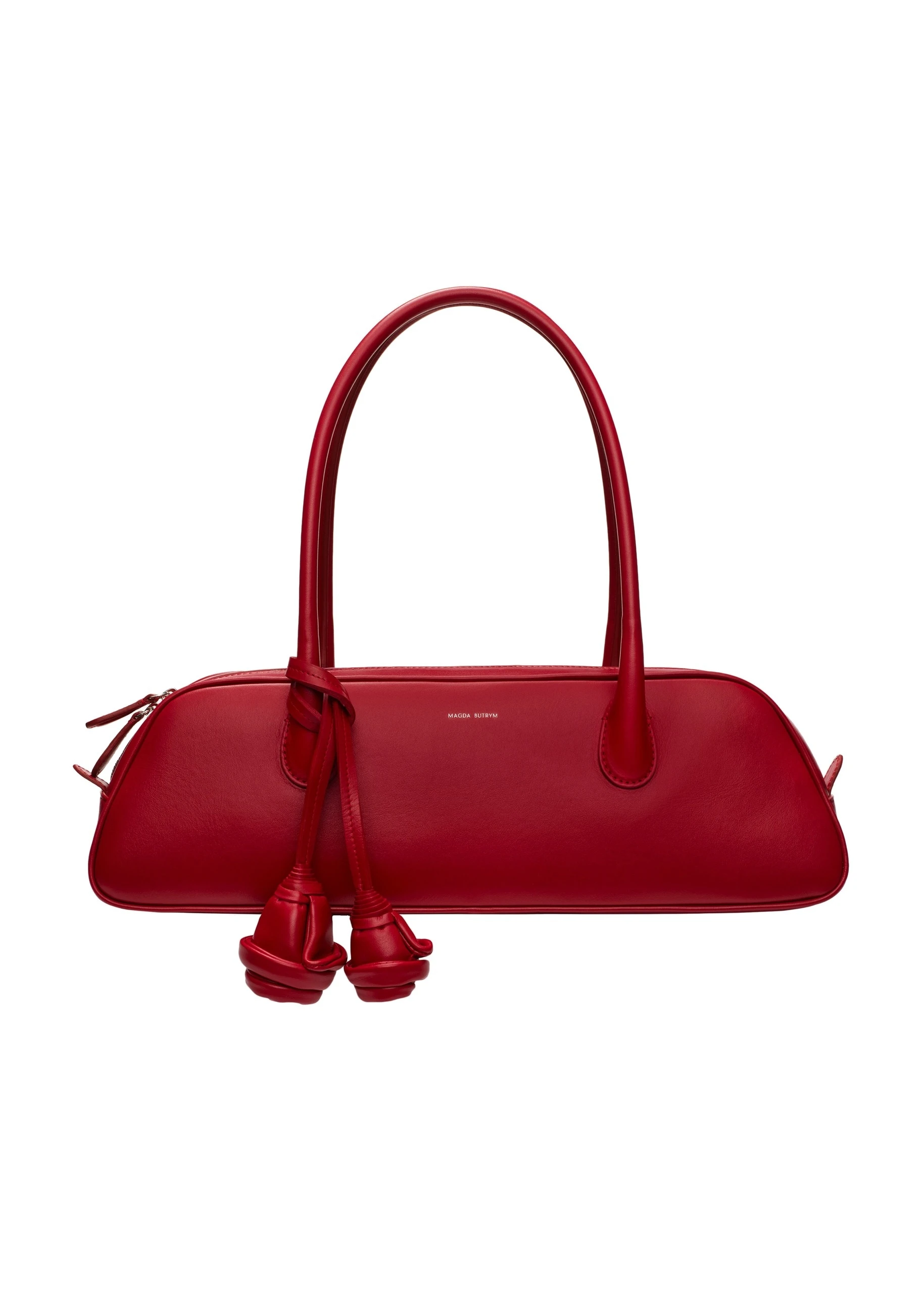 Magda Butrym Brigitte trapeze in red leather with flower charm | Coveti Magda Butrym Brigitte trapeze in red leather with flower charm