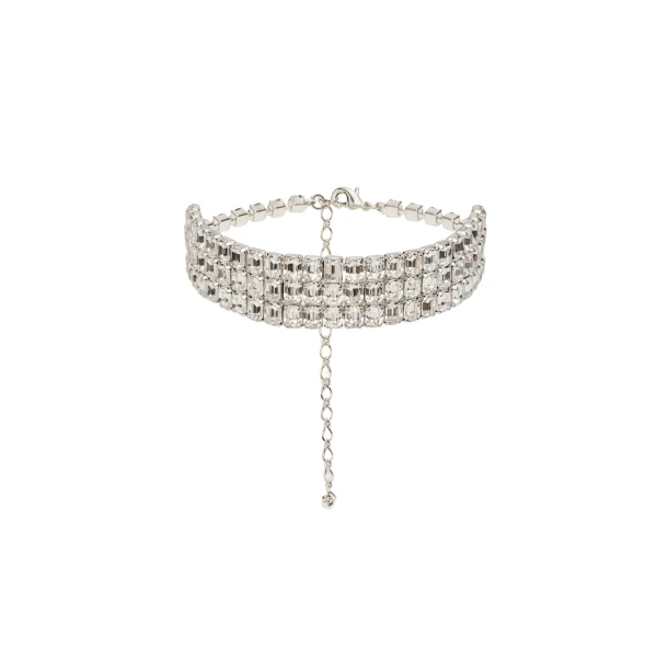 Choker necklace with baguette-cut silver crystals