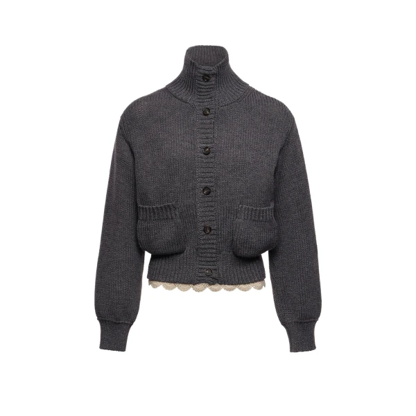Magda Butrym Cinched wool cardigan with high collar and lace trim in grey
