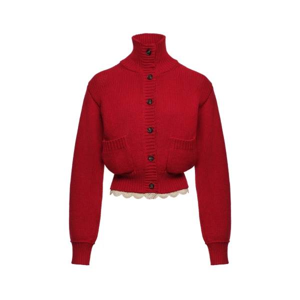 Magda Butrym Cinched wool cardigan with high collar and lace trim in red