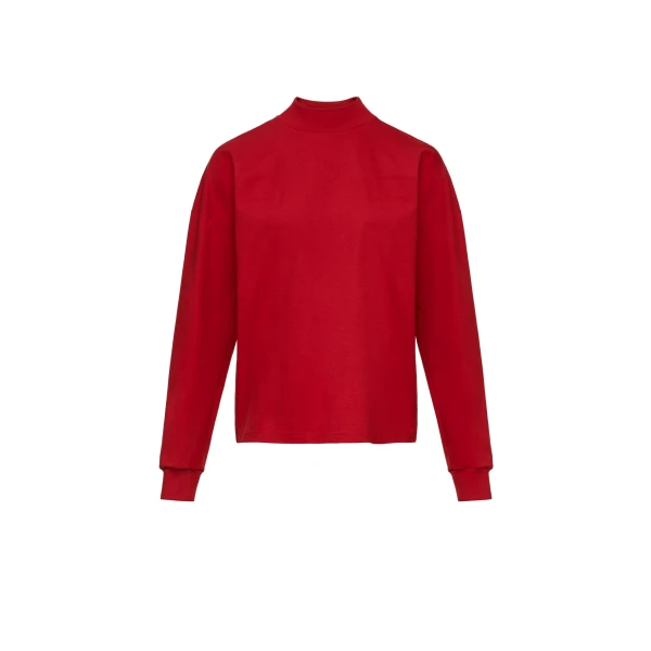 Cotton long-sleeve top with half turtleneck in red