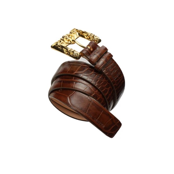Croc-effect leather belt with ornamental gold buckle in brown - Image 2