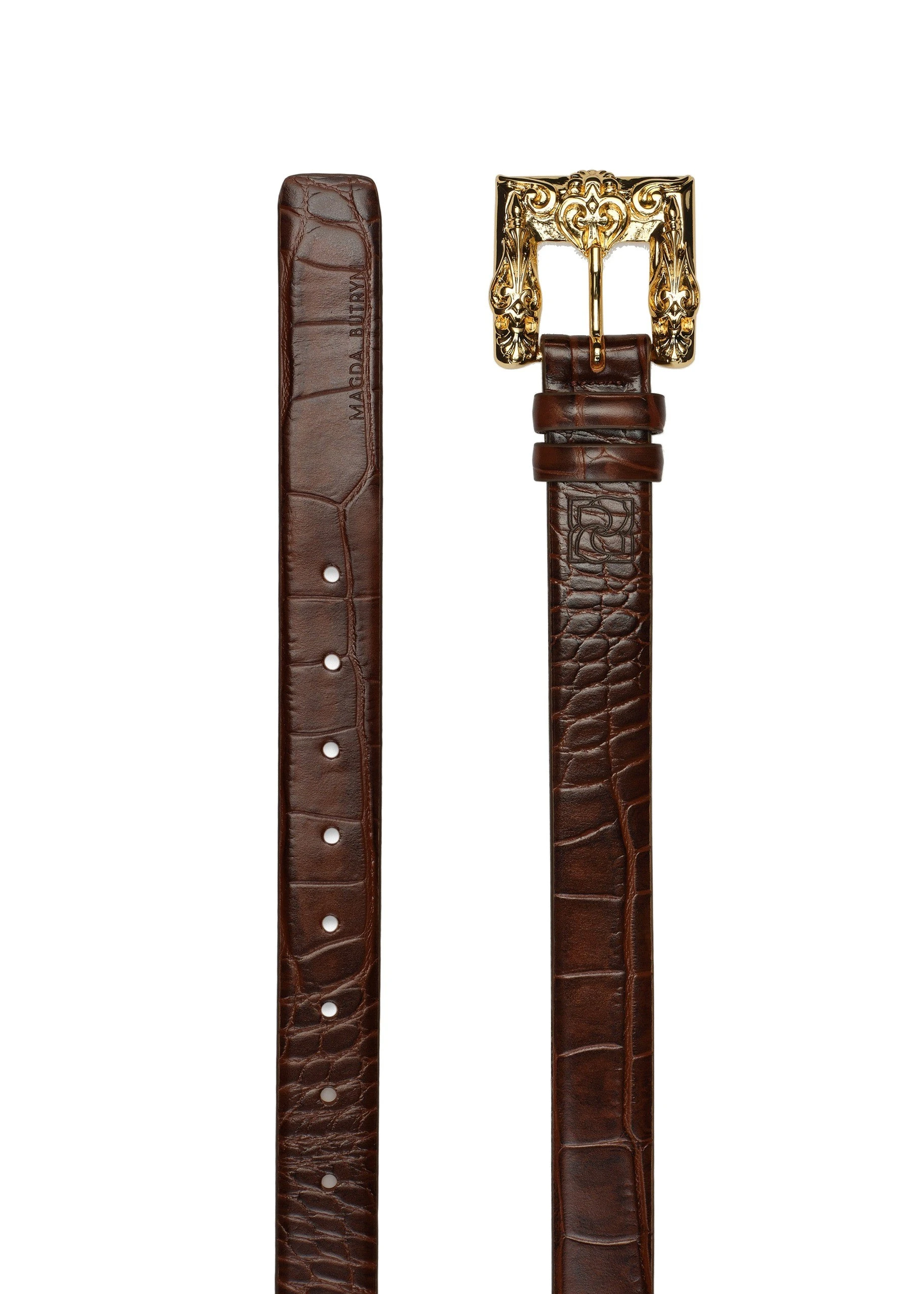 Magda Butrym Croc-effect leather belt with ornamental gold buckle in brown | Coveti Magda Butrym Croc-effect leather belt with ornamental gold buckle in brown
