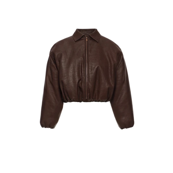 Cropped leather bomber jacket in dark brown