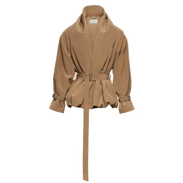 Draped collar viscose and linen jacket in beige