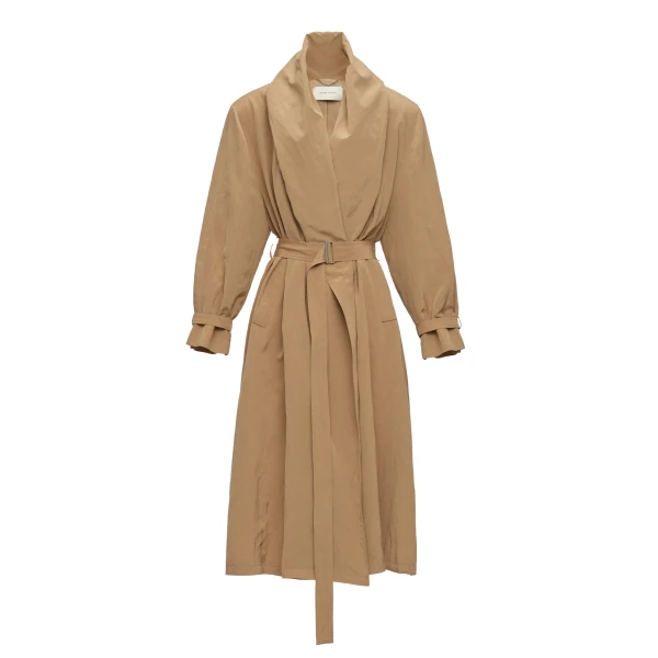 Draped collar viscose and linen trench in beige