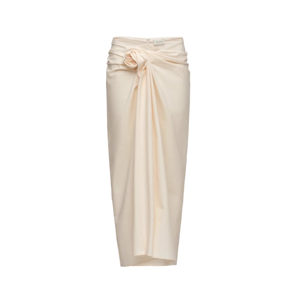 Draped long skirt with rose knot detail in cream