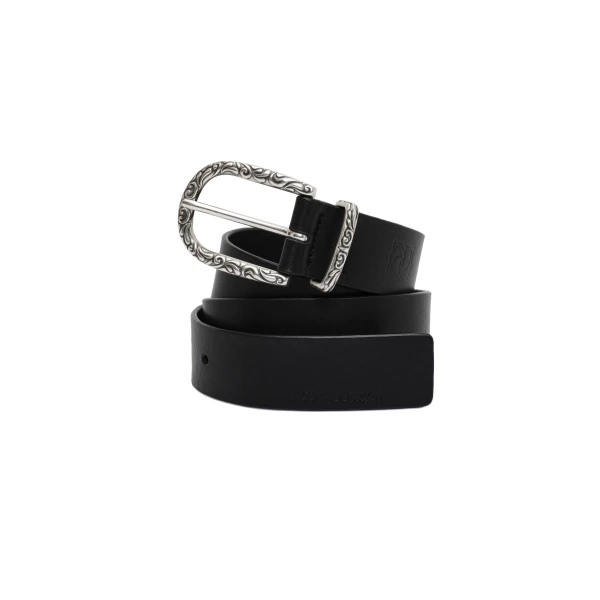 Engraved buckle leather belt in black and silver - Image 2