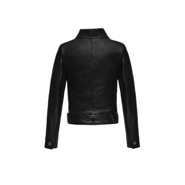 Fitted leather jacket with waist belt in black - Image 2