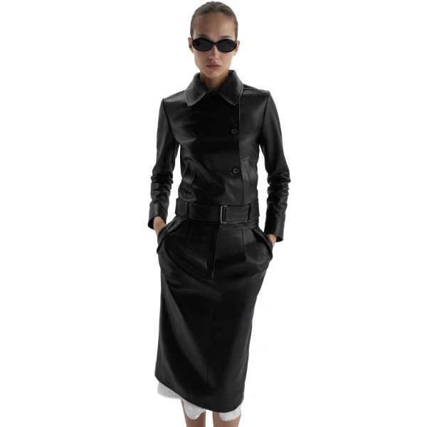 Fitted leather jacket with waist belt in black - Image 3