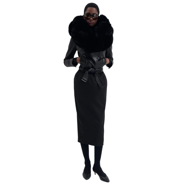 Fitted leather jacket with waist belt in black - Image 3