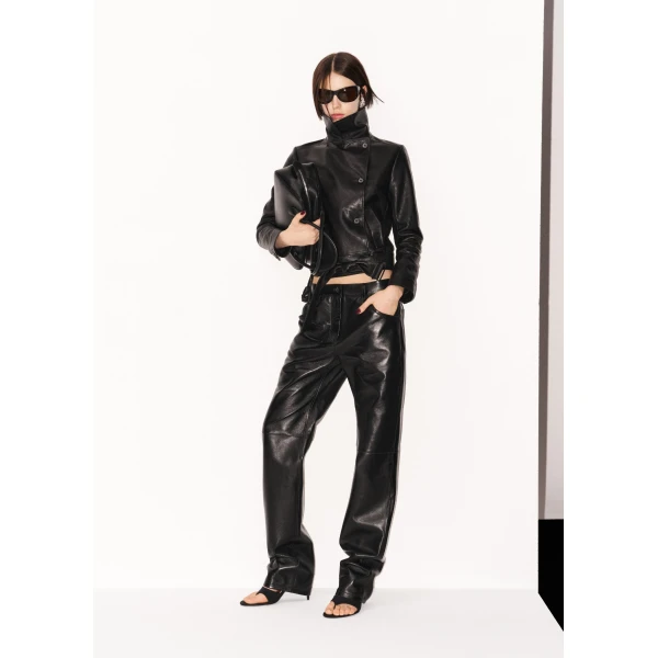 Fitted leather jacket with waist belt in black - Image 4