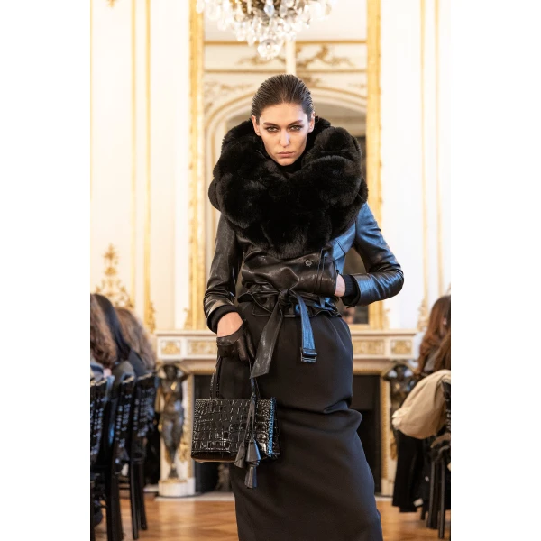 Fitted leather jacket with waist belt in black - Image 4