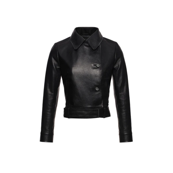 Fitted leather jacket with waist belt in black