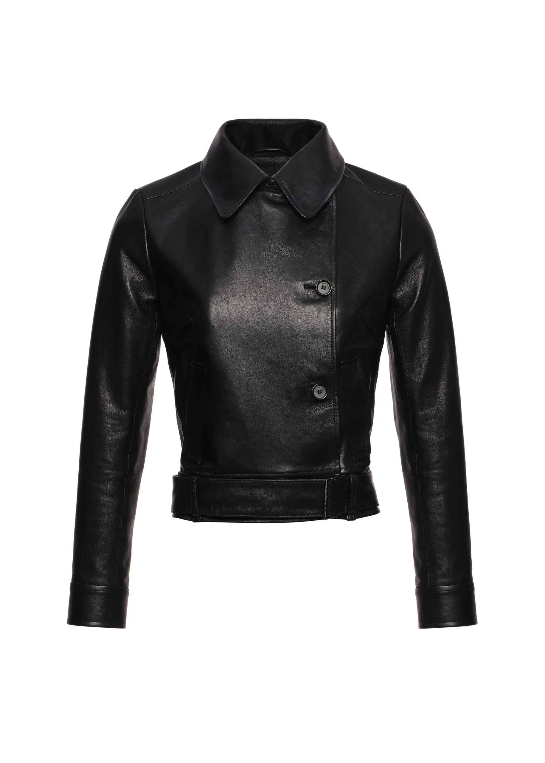 Magda Butrym Fitted leather jacket with waist belt in black | Coveti Magda Butrym Fitted leather jacket with waist belt in black