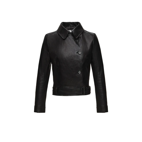 Fitted leather jacket with waist belt in black