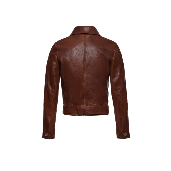 Fitted leather jacket with waist belt in brown - Image 2