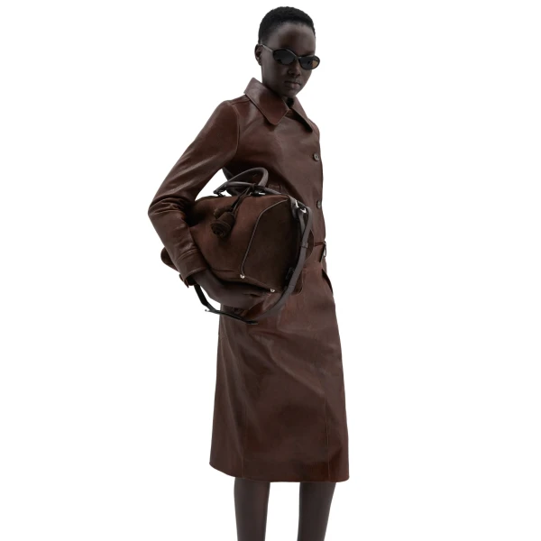 Fitted leather jacket with waist belt in brown - Image 3
