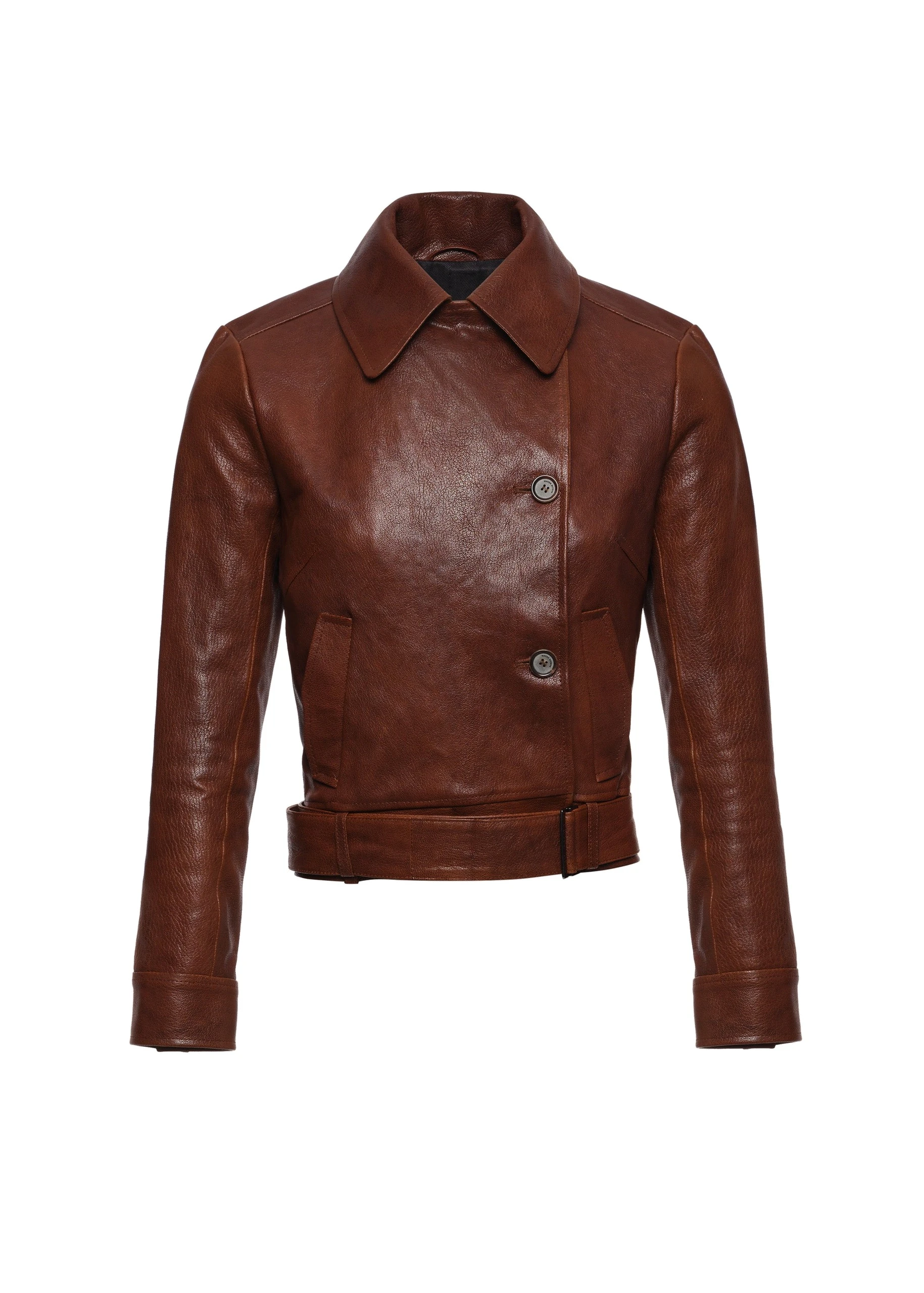 Magda Butrym Fitted leather jacket with waist belt in brown | Coveti Magda Butrym Fitted leather jacket with waist belt in brown