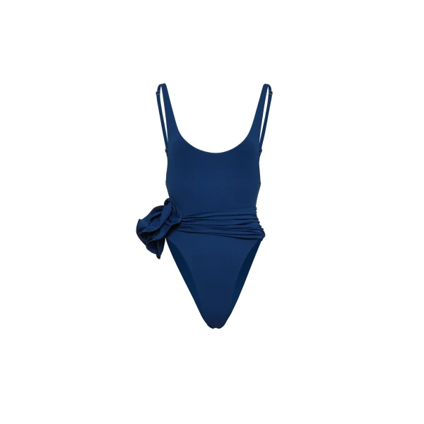 Flower scoop neck swimsuit in blue