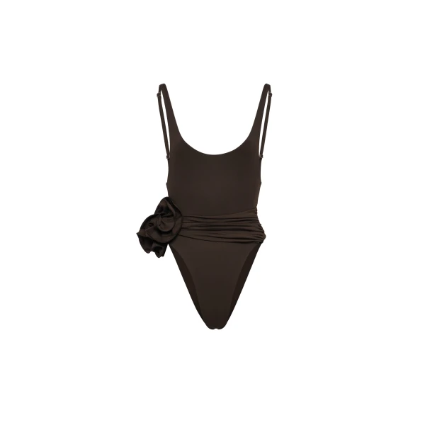 Flower scoop neck swimsuit in brown