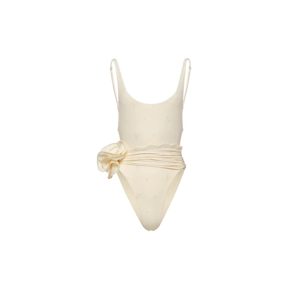 Flower scoop neck swimsuit in cream with embroidered roses