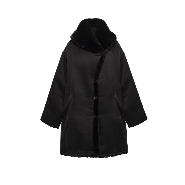 Magda Butrym Insulated silk coat with faux fur collar in black