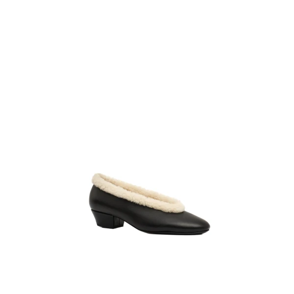 Leather ballerina heels with shearling trim in black - Image 2