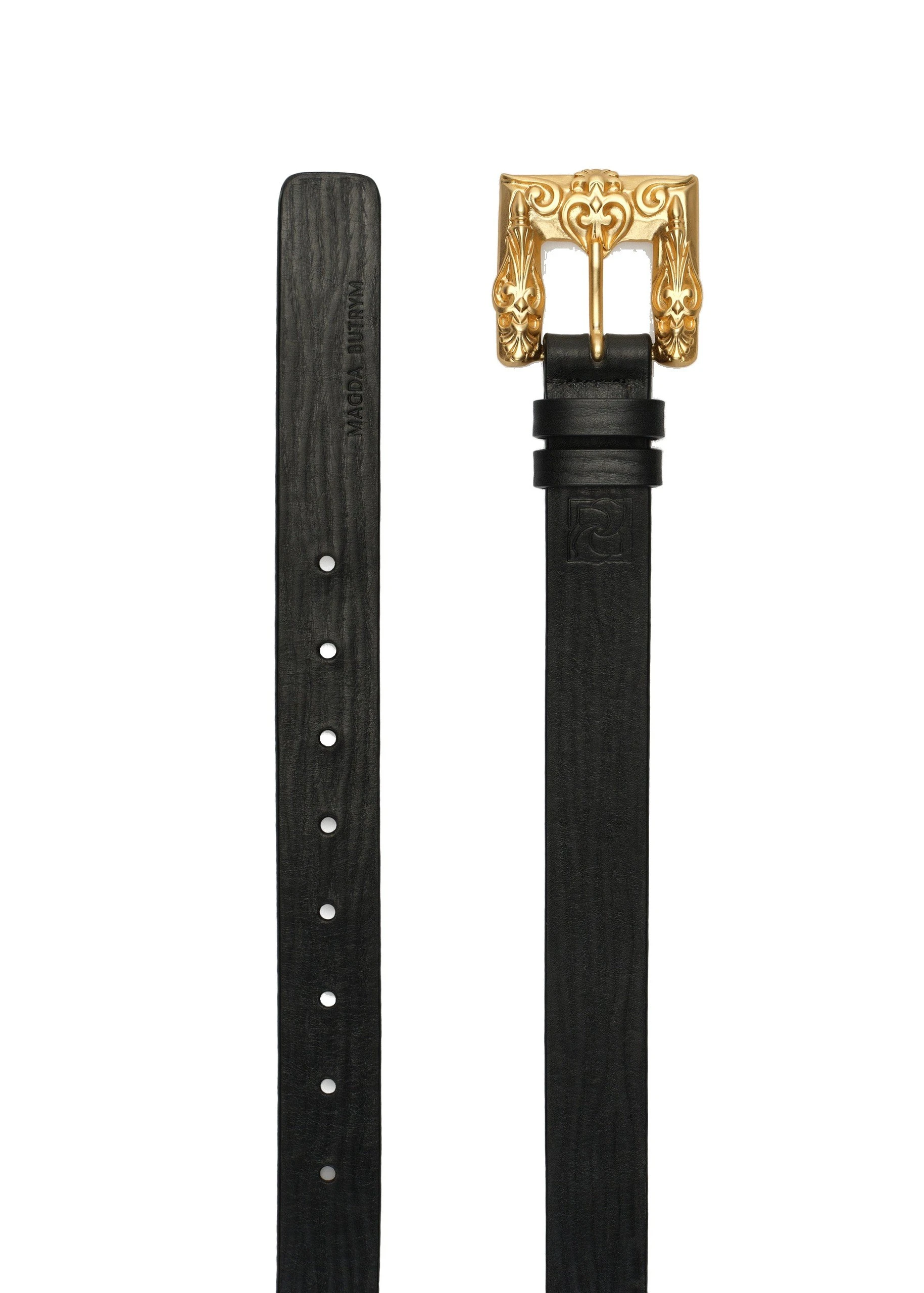 Magda Butrym Leather belt with ornamental gold buckle in black | Coveti Magda Butrym Leather belt with ornamental gold buckle in black