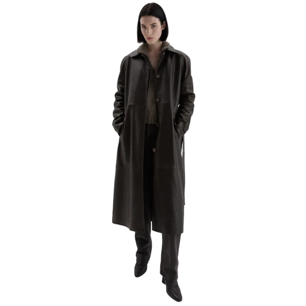 Leather belted coat in brown - Image 3
