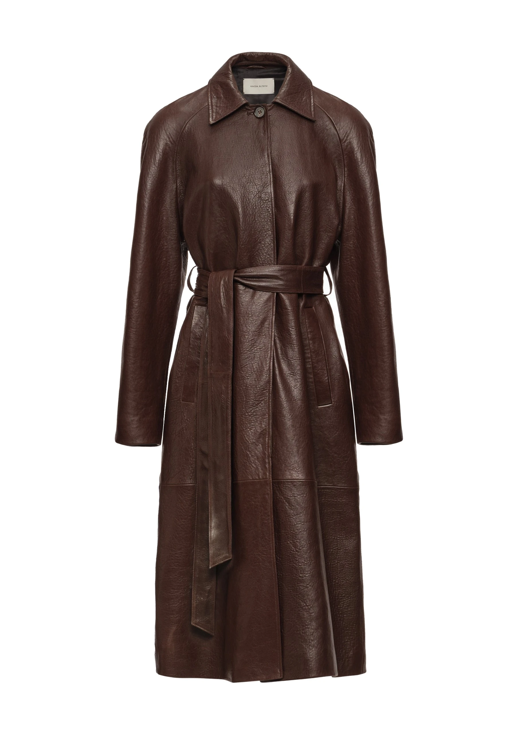 Magda Butrym Leather belted coat in brown | Leather Coats at Coveti Magda Butrym Leather belted coat in brown