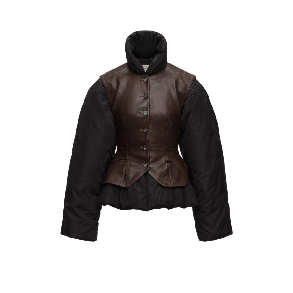 Leather vest puffer jacket in black