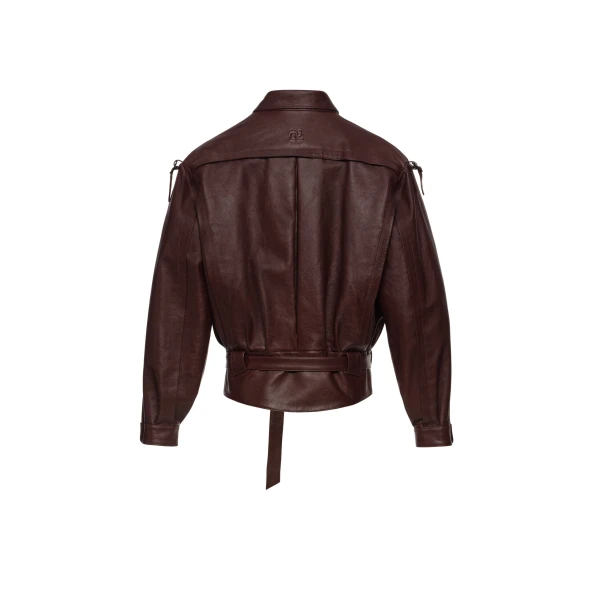 Oversized belted leather jacket in burgundy - Image 2