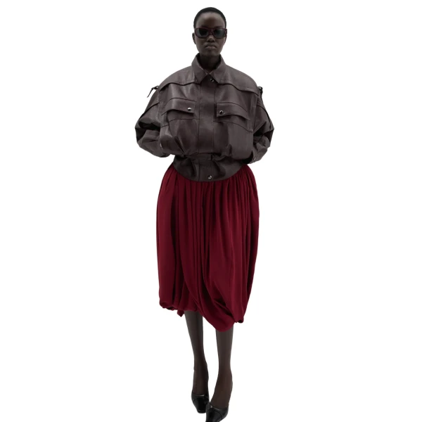 Oversized belted leather jacket in burgundy - Image 3