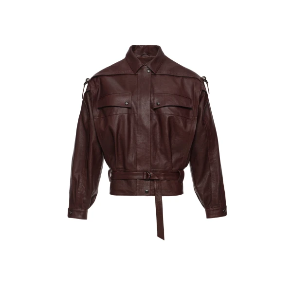 Oversized belted leather jacket in burgundy