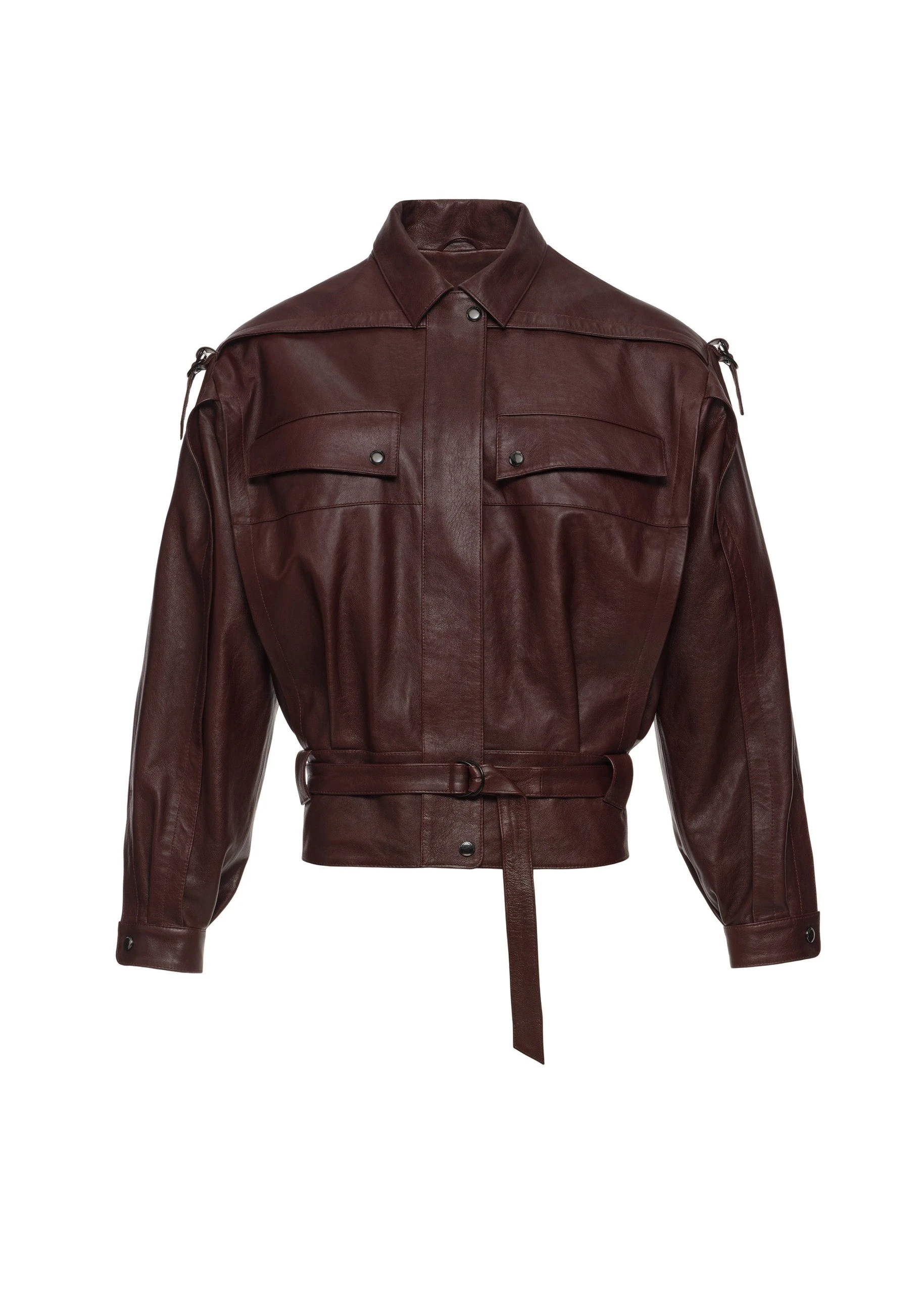 Magda Butrym Oversized belted leather jacket in burgundy | Coveti Magda Butrym Oversized belted leather jacket in burgundy