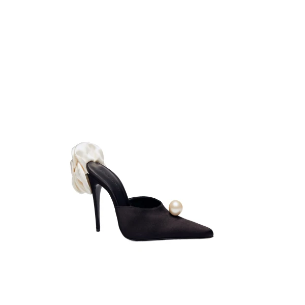 Pointed flower mules in black satin - Image 2