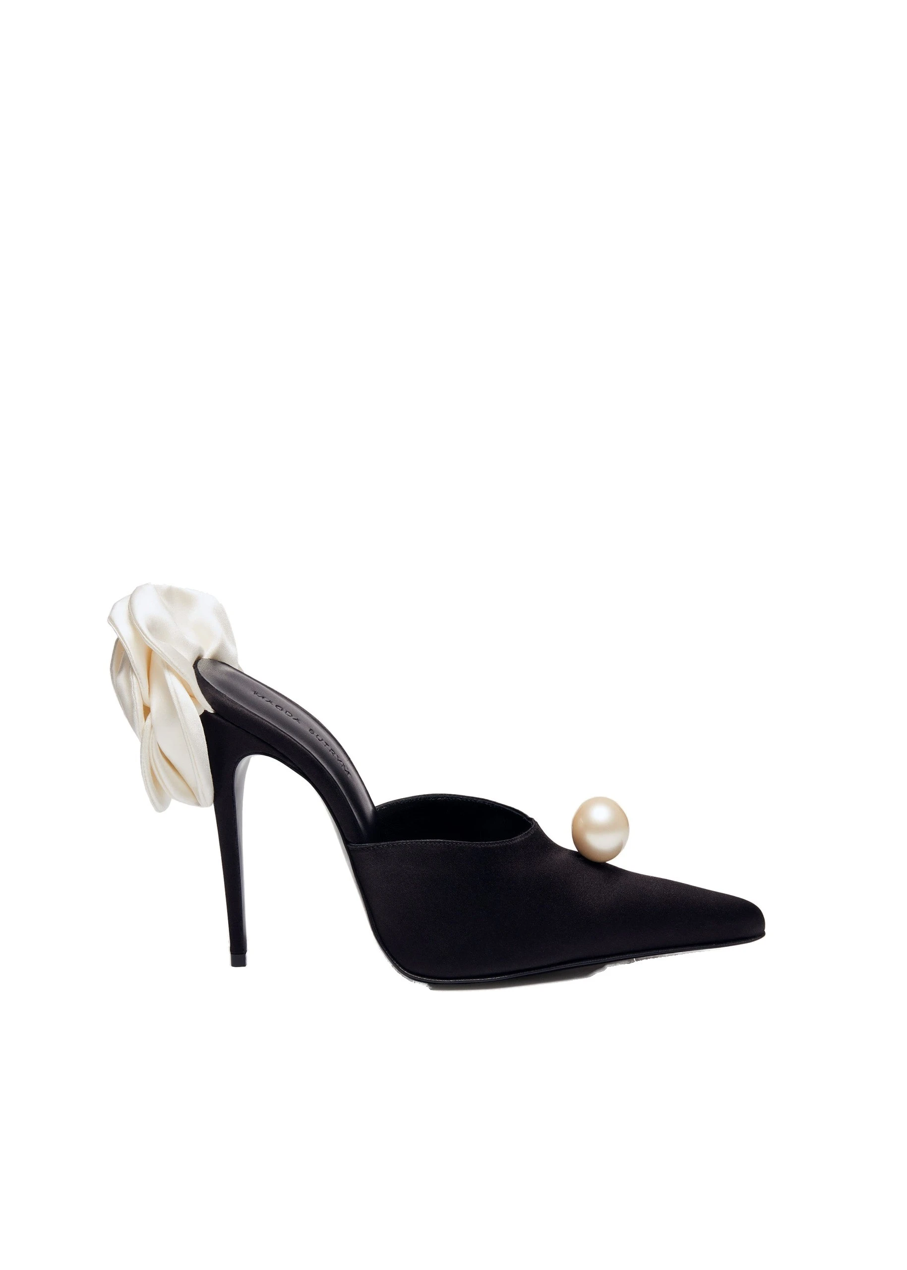 Magda Butrym Pointed flower mules in black satin | Coveti Magda Butrym Pointed flower mules in black satin