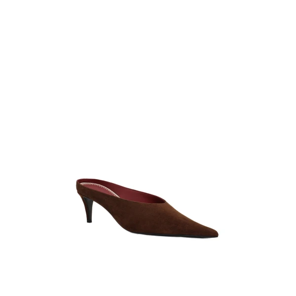 Pointed-toe kitten heel mules in brown suede - Image 2
